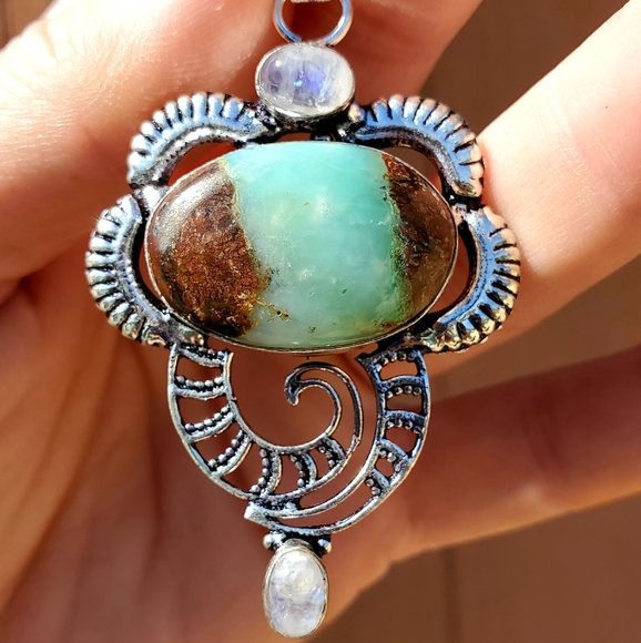 New Chrysoprase & Rainbow Moonstone 925 Silver Pendant - Picture 12 of 16